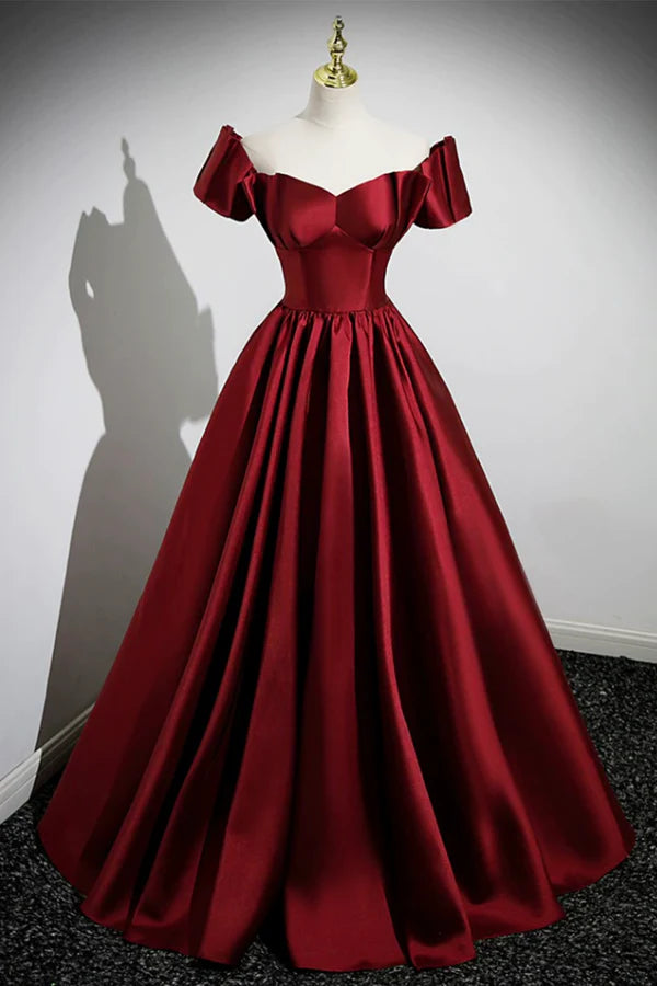Wholesale A-Line Burgundy Satin Floor Length Prom Dress Off the Shoulder New Party Dress